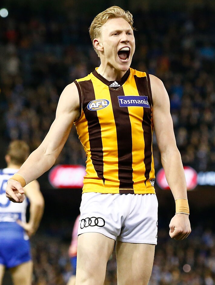 AFL 2016 Rd 13 - North Melbourne v Hawthorn MELBOURNE, AUSTRALIA - JUNE 17: James Sicily of the Hawks celebrates a goal during the 2016 AFL Round 13 match between the North Melbourne Kangaroos and the Hawthorn Hawks at Etihad Stadium on June 16, 2016 in Melbourne, Australia. (Photo by Adam Trafford/AFL Media)
